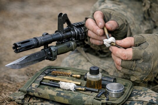 A person wearing camouflage clothing holds a machine gun