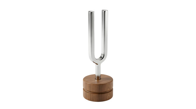 A 3D rendered glossy chrome metal tuning fork with two upright prongs standing vertically inside a polished round wooden base block isolated against a clean white background for acoustic science