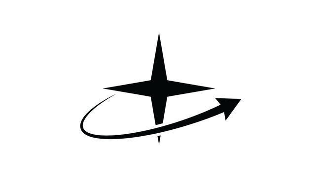 A crisp minimalist solid black vector icon featuring a sharp four-pointed star shape intersected by a dynamic curved orbital trajectory line ending with a pointing arrowhead on white background