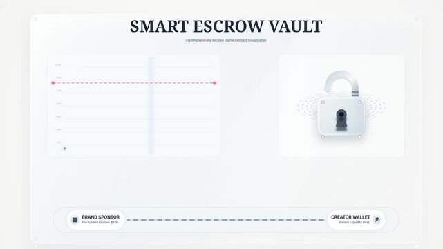 Smart escrow vault animation showing automated digital contract releasing funds from brand sponsor to creator wallet after reaching one million verified impressions