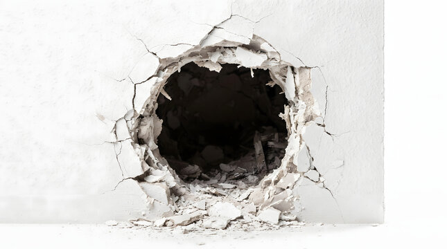 Large cracked circular breach hole smashed through white drywall plaster wall with fallen debris rubble on floor against pitch black void inside for architectural damage repair work
