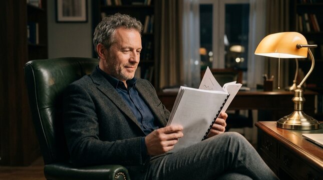 CFO Reading Printed Financial Report by Lamp Light While Leaning Back in Chair, Late Night Review