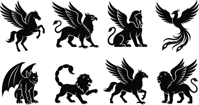 Set of black silhouettes of winged mythical creatures including pegasus, griffin, sphinx, and phoenix