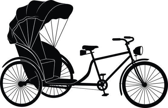 Traditional asian cycle rickshaw transport black silhouette with passenger seat and canopy hood side view vector illustration