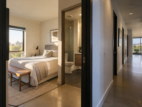 Sunlit modern apartment hallway with open bedroom and bathroom in warm late afternoon light