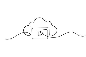 Fototapeta premium Cloud video streaming continuous line art showing a cloud and video player featuring editable stroke
