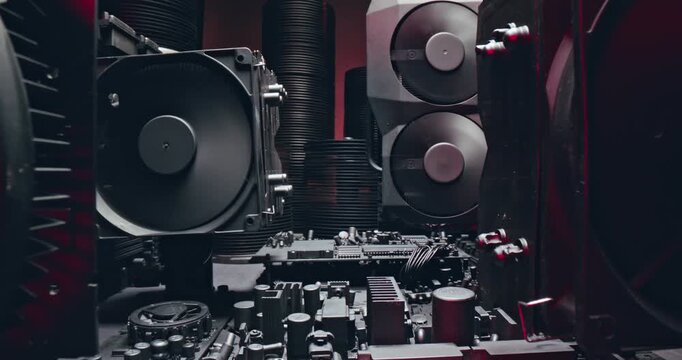Camera move along components. Working motherboards, graphic cards and fans.