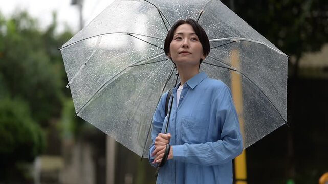 雨の中で傘をさす女性