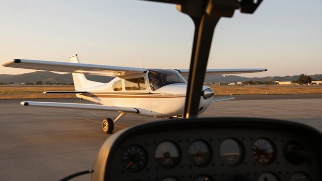 View from inside a small plane cockpit looking out onto another aircraft parked on runway during golden hour.