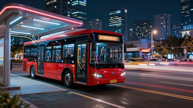 A red electric bus is plugged into a modern charging station under neon lights in a bustling cityscape during nighttime.