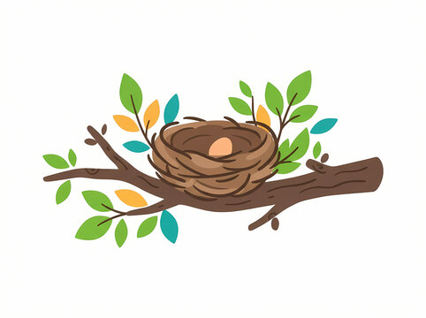 A hand drawn illustration of a bird nest with a single egg resting on a tree branch.