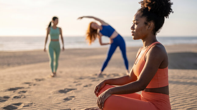 Three multicultural friends share a quiet moment together on a beach dune