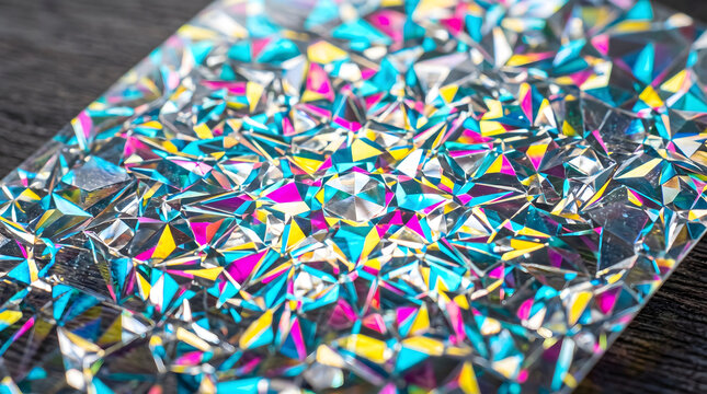 Macro high resolution shot of cracked crystal holographic foil sheet shimmering with multi faceted geometric cyan magenta and yellow rainbow reflections on dark textured wood surface