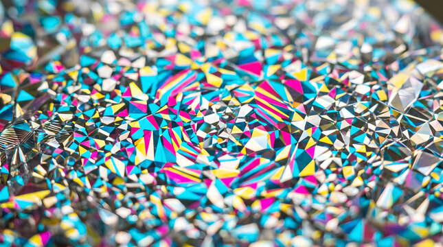 Macro close up shot of multi colored holographic cracked crystal foil texture shimmering with colorful cyan yellow pink and silver geometric facets on soft focus background for wallpaper