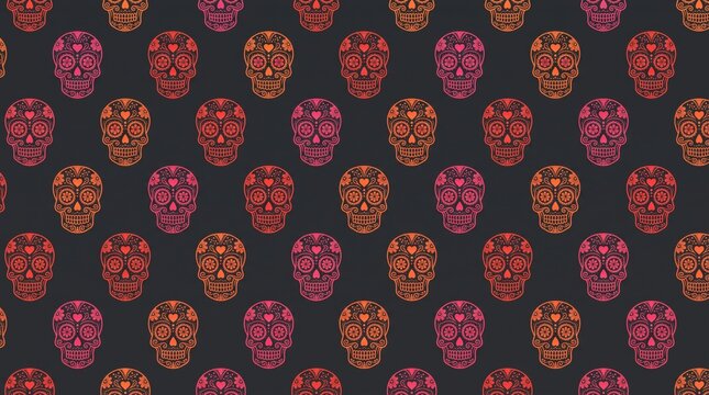 Sugar skull pattern features colorful motifs on dark background.