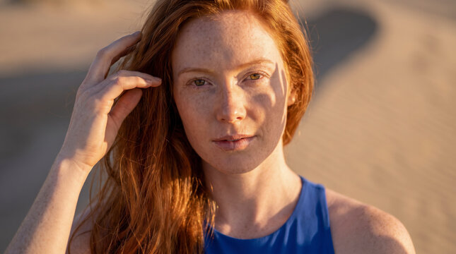 Close portrait of a freckled redhead running her fingers through her hair