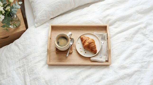 Fresh coffee and flaky croissant on a wooden breakfast tray served on white linen bed sheets