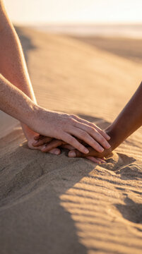Two hands of different skin tones meet together softly in the warm sand