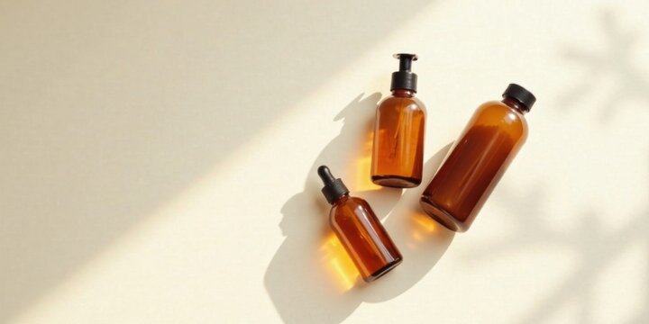 Amber glass bottles of various sizes arranged on a neutral background in soft sunlight showcasing simple elegant packaging design