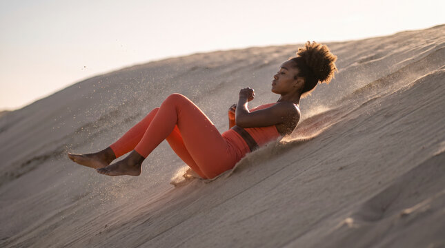 Playful woman slides down a warm sand dune with a burst of sand around her