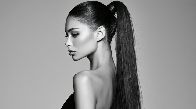 Elegant profile of young woman with sleek long straight hair tied in high ponytail looking down in black and white studio