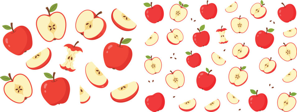 Red apples and slices with seeds form a colorful vector pattern on a white background
