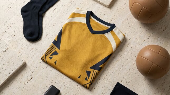 Flat lay of folded yellow t-shirt with dark blue accents and socks on a textured surface.