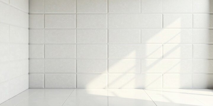 Sunlit Corner with White Tile Walls and Floor Clean Minimalist Interior Design Mockup