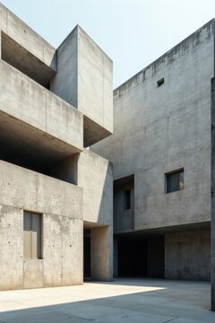 A sunlit courtyard within a minimalist concrete structure features geometrically arranged blocks, creating a sense of spatial depth and architectural harmony.