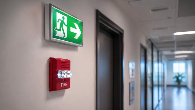 Emergency exit sign and fire alarm on office corridor wall for workplace safety and evacuation