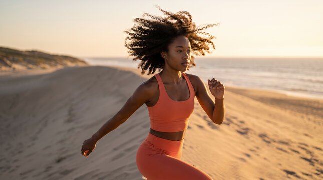 Woman sprints energetically along a beach dune with her curls flying free