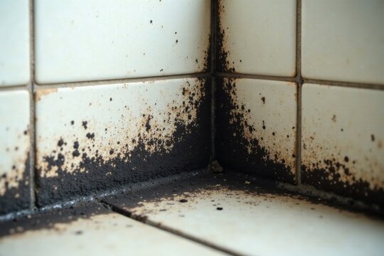 Close-up view of dark mold growth accumulating in a corner of tiled wall surface