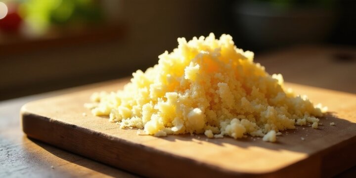 A sunlit mound of finely grated cheese rests on a warm wooden cutting board