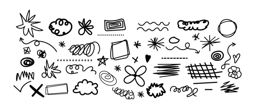 Monochrome Hand-Drawn Doodle and Scribble Vector Collection featuring Organic Shapes, Circular Vignettes, and Marker Stroke Elements  on a transparent Background