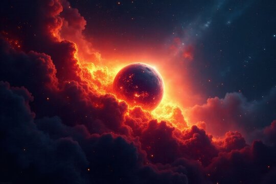 Fiery Celestial Body Emerging from a Nebula of Intense, Glowing Clouds and Cosmic Dust