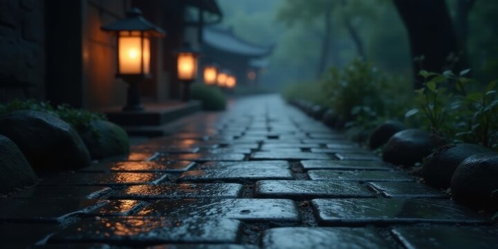 Serene Evening Ambiance on a Wet Cobblestone Path Illuminated by Soft Lantern Light