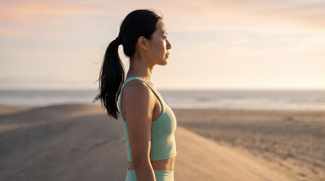 Asian woman gazes pensively toward the horizon in a calm side beach profile