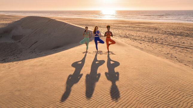 Three multicultural friends in tree pose cast long shadows across the dune