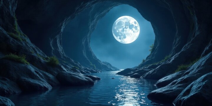 Serene moonlit night scene  A tranquil waterway flows through a dark, mysterious cave opening to a large, luminous moon in the night sky.