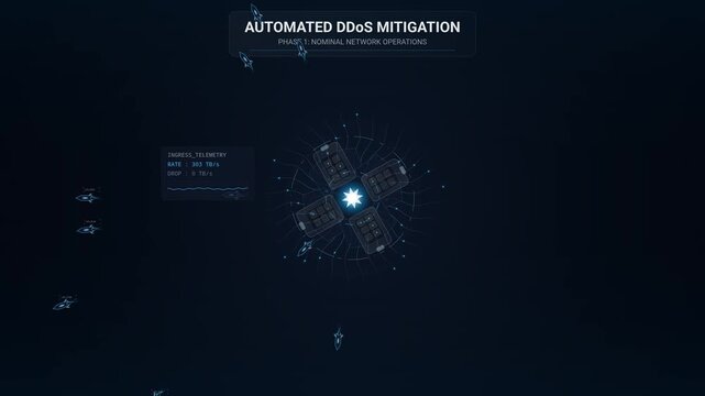 Automated DDoS mitigation system interface displaying network traffic monitoring malicious infiltration detection web application firewall deployment and active threat filtration