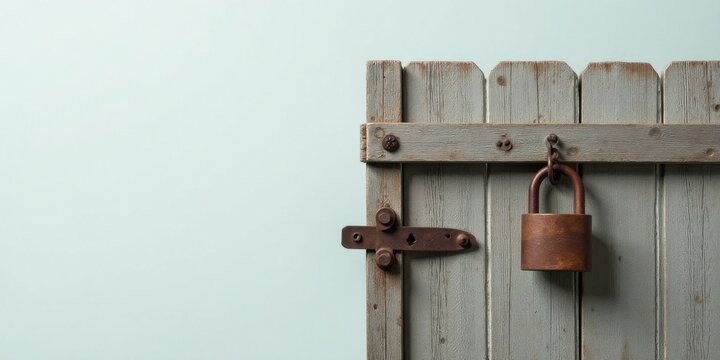 Rustic Weathered Wooden Gate with Antique Padlock, a Symbol of Security and Privacy