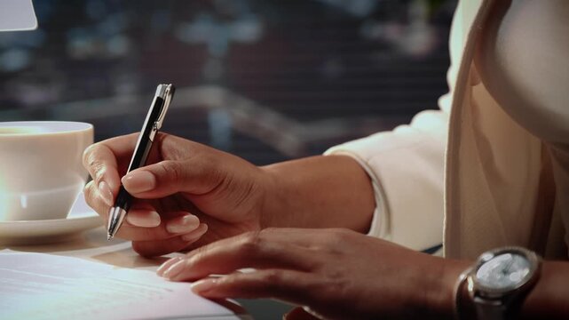 African American woman signing documents with a pen at a table indoors, with a cup and saucer nearby, focusing on her hands and wristwatch.