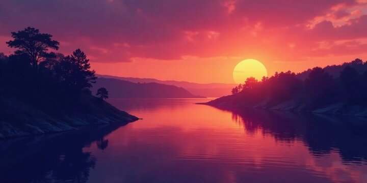 Serene Sunset Over a Calm Lake, Silhouetted Trees on Gentle Slopes, Vibrant Sky Hues Reflecting on Tranquil Water