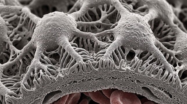 Scanning electron microscope view of biological cells and intricate organic structures