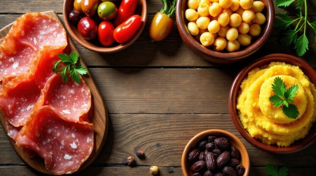 Aromatic Mediterranean Spread Featuring Savory Salami, Creamy Polenta, and Assorted Olives and Beans