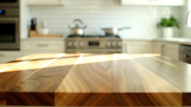 Salt sprinkling on a wooden countertop in a bright and modern kitchen with stainless steel appliances