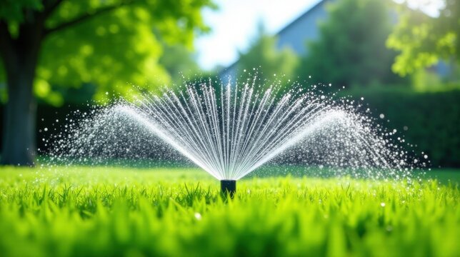 Vibrant Green Lawn Sprinkler System in Action Refreshing Hydration for Lush Grass