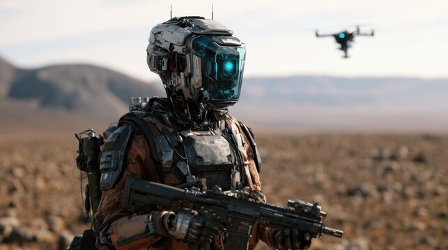 Futuristic battle robot equipped with advanced armor and weapon standing in desert landscape with drone flying in background, sci-fi technology scene