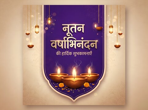 Happy Gujarati New Year Square Banner with Nutan Varshabhinandan Text and Diya
