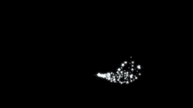 Twinkling glitter stars with glowing magic dust and sparkling fairy trails, forming smooth light streaks, shimmering particle motion. fantasy style overlay on black screen background in. 4k video